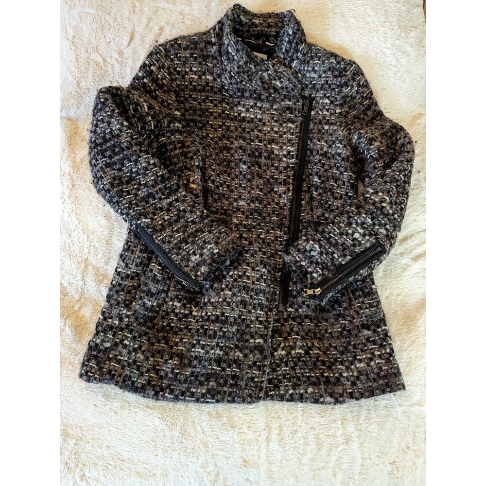 Banana Republic Textured Wool Blend Zippered Coat Cream Brown Gray Sz Medium